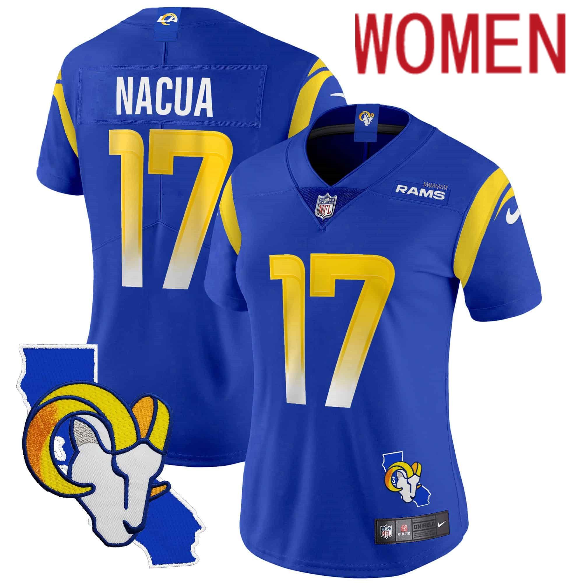 Women Los Angeles Rams #17 Nacua Blue 2024 Nike California Patch Vapor Limited NFL Jersey style 1